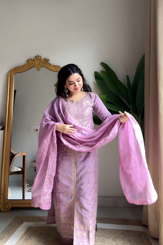 Lavender Embroidered Silk Palazzo Suit Set