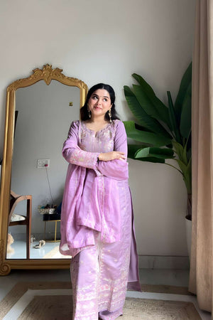 Lavender Embroidered Silk Palazzo Suit Set