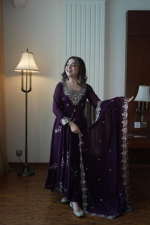 Wine Floral Embroidered Georgette Anarkali Suit (LM -12-Wine)