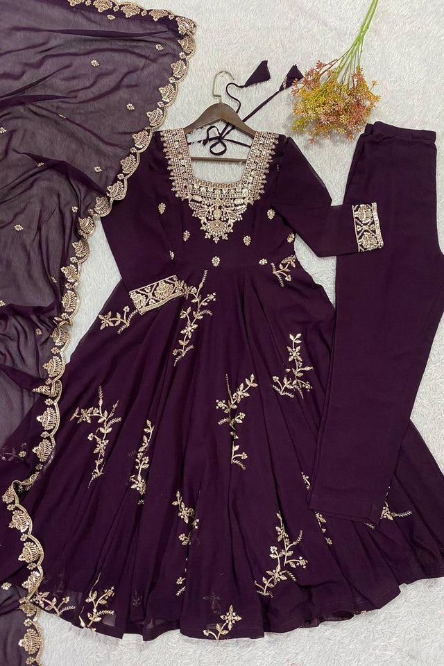 Wine Floral Embroidered Georgette Anarkali Suit (LM -12-Wine)