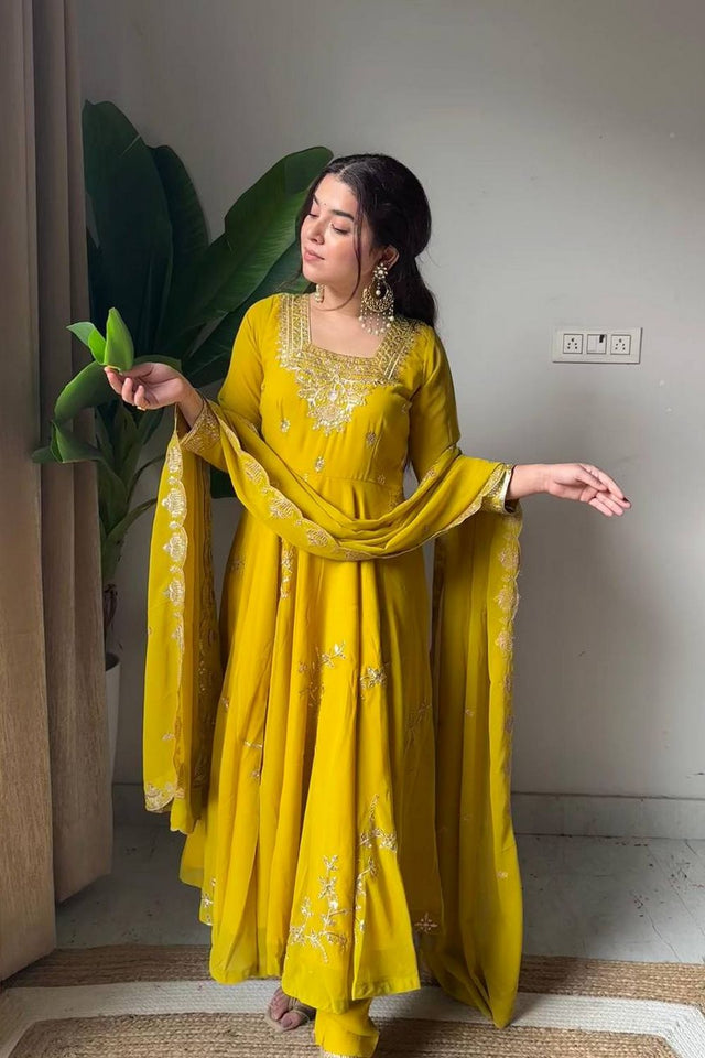 Yellow Floral Embroidered Georgette Anarkali Suit (LM -12-Yellow)