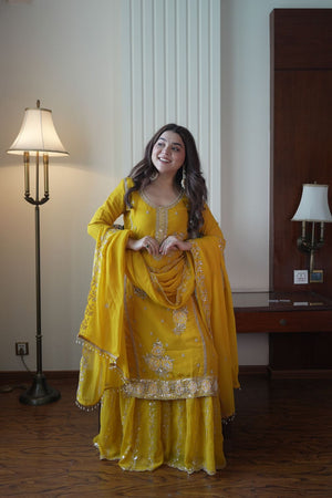 Yellow Beads Embossed Georgette Sharara Suit (LM -15-Yellow)