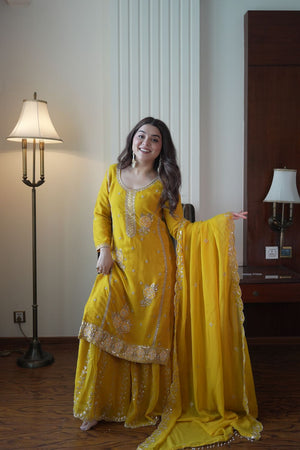 Yellow Beads Embossed Georgette Sharara Suit (LM -15-Yellow)