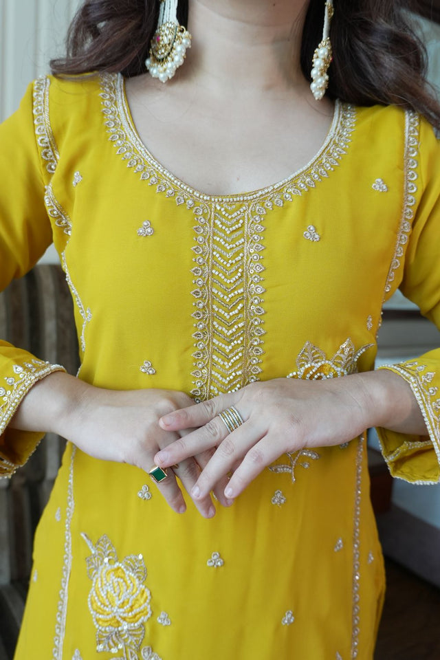 Yellow Beads Embossed Georgette Sharara Suit (LM -15-Yellow)