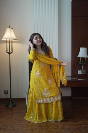 Yellow Beads Embossed Georgette Sharara Suit (LM -15-Yellow)