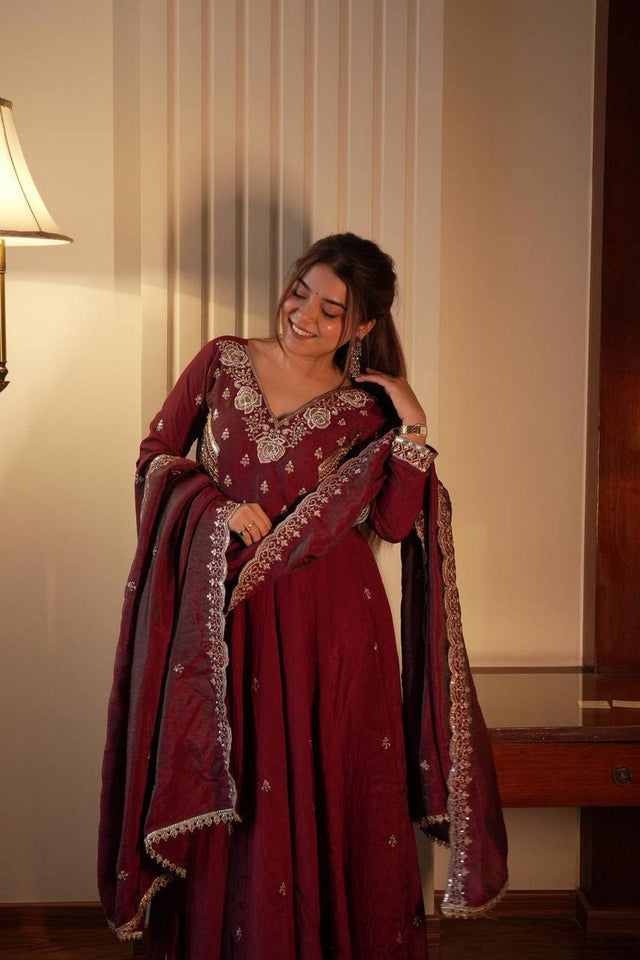 Maroon Floral Embroidered Art Silk Anarkali Suit (LM -19-Maroon)