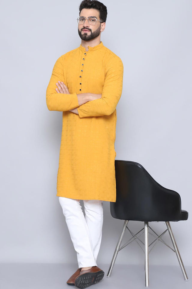 Men's Yellow Cotton Solid Long Kurta (LPP-BF1287-SFB)