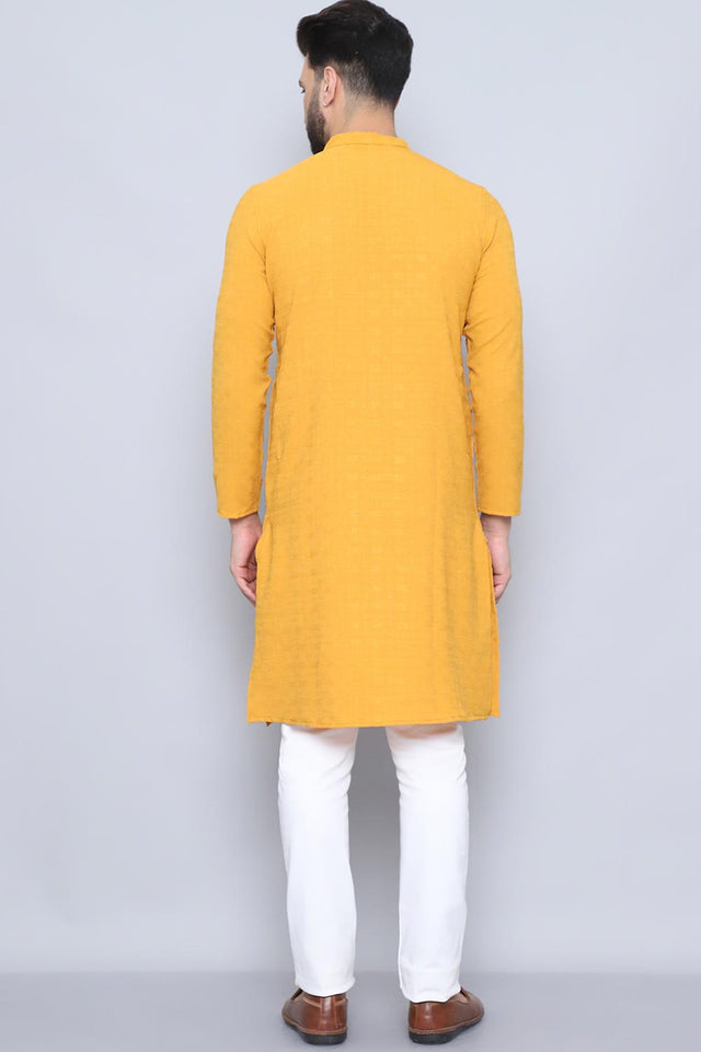 Men's Yellow Cotton Solid Long Kurta (LPP-BF1287-SFB)