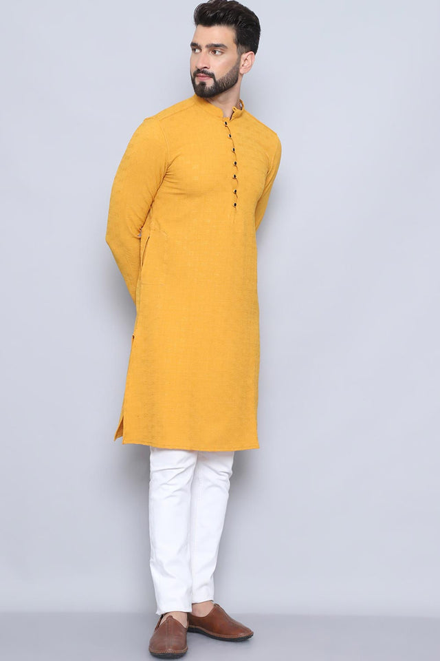 Men's Yellow Cotton Solid Long Kurta (LPP-BF1287-SFB)