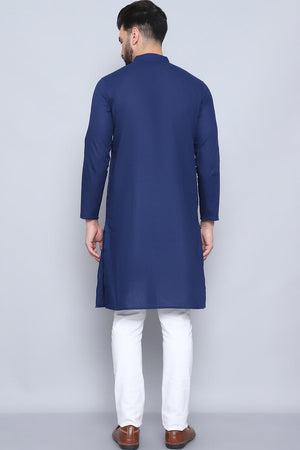 Men's Blue Cotton Solid Long Kurta