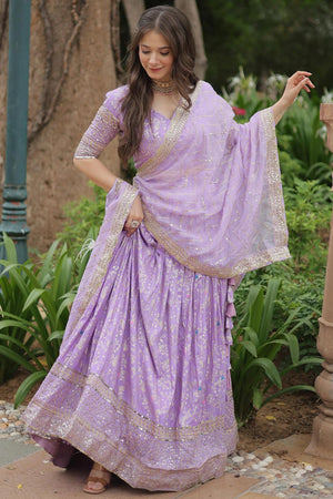 Violet Solid Embroidered Jacquard Lehenga Choli Set