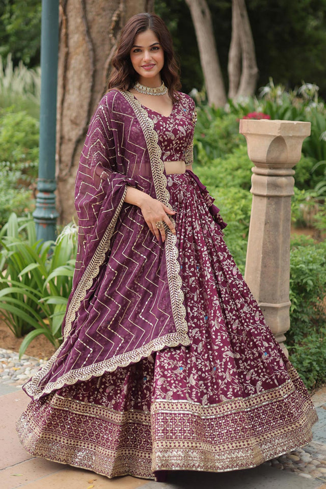 Violet Solid Embroidered Jacquard Lehenga Choli Set