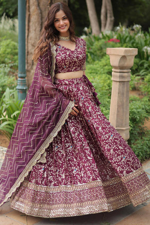 Violet Solid Embroidered Jacquard Lehenga Choli Set