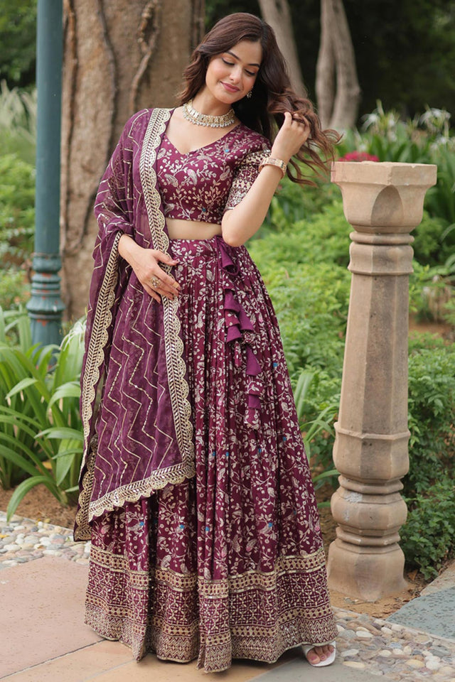 Violet Solid Embroidered Jacquard Lehenga Choli Set