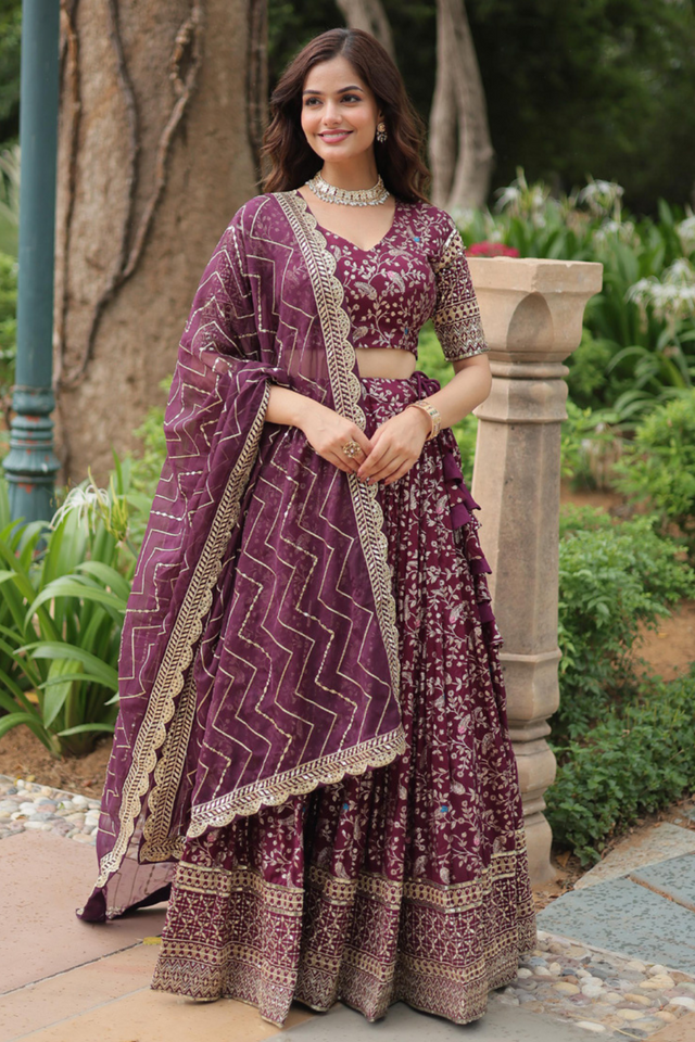 Violet Solid Embroidered Jacquard Lehenga Choli Set