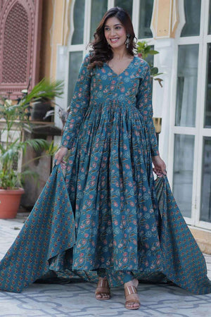 Turquoise Floral Printed Cotton Anarkali