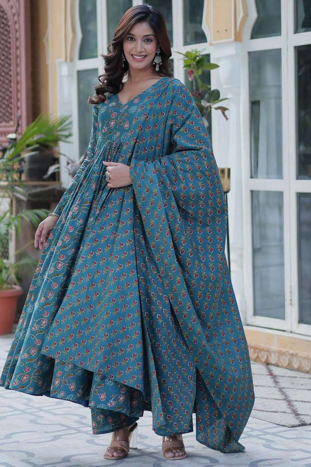 Turquoise Floral Printed Cotton Anarkali
