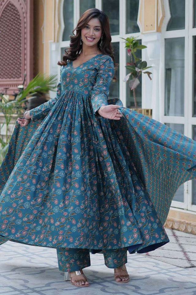 Turquoise Floral Printed Cotton Anarkali