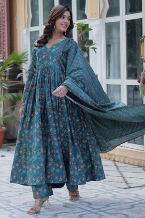Turquoise Floral Printed Cotton Anarkali