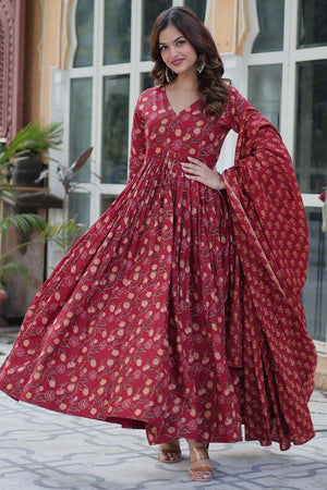 Maroon Floral Printed Cotton Anarkali
