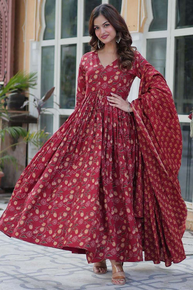 Maroon Floral Printed Cotton Anarkali
