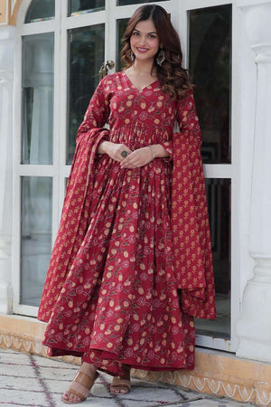 Maroon Floral Printed Cotton Anarkali