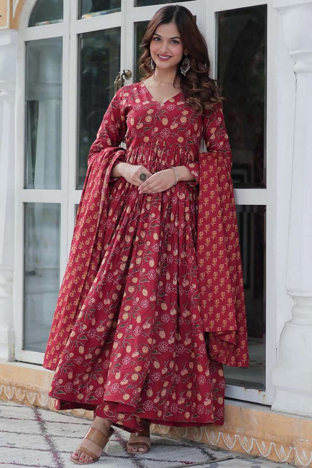 Maroon Floral Printed Cotton Anarkali