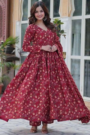 Maroon Floral Printed Cotton Anarkali