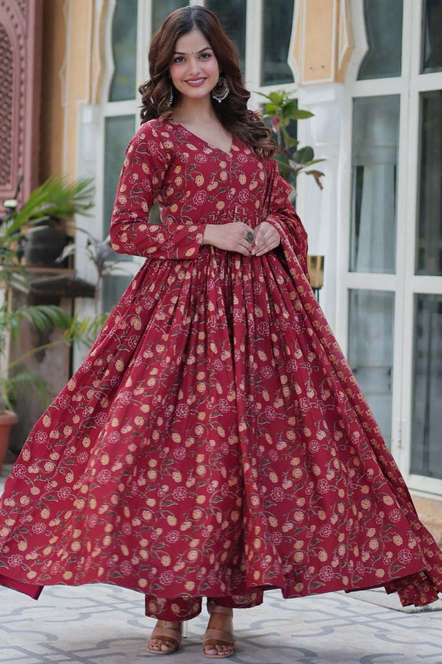 Maroon Floral Printed Cotton Anarkali