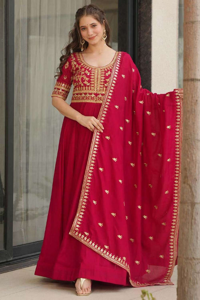 Red Embroidered Silk Gown
