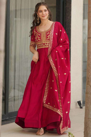 Red Embroidered Silk Gown