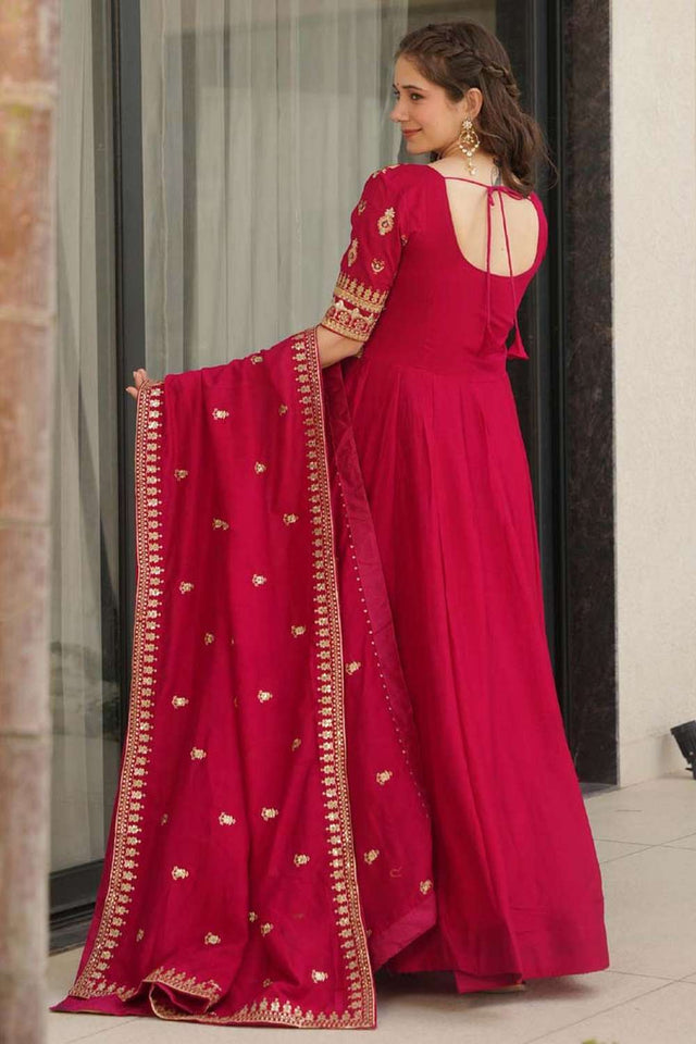 Red Embroidered Silk Gown