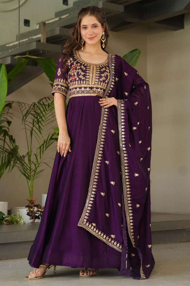 Violet Embroidered Silk Gown