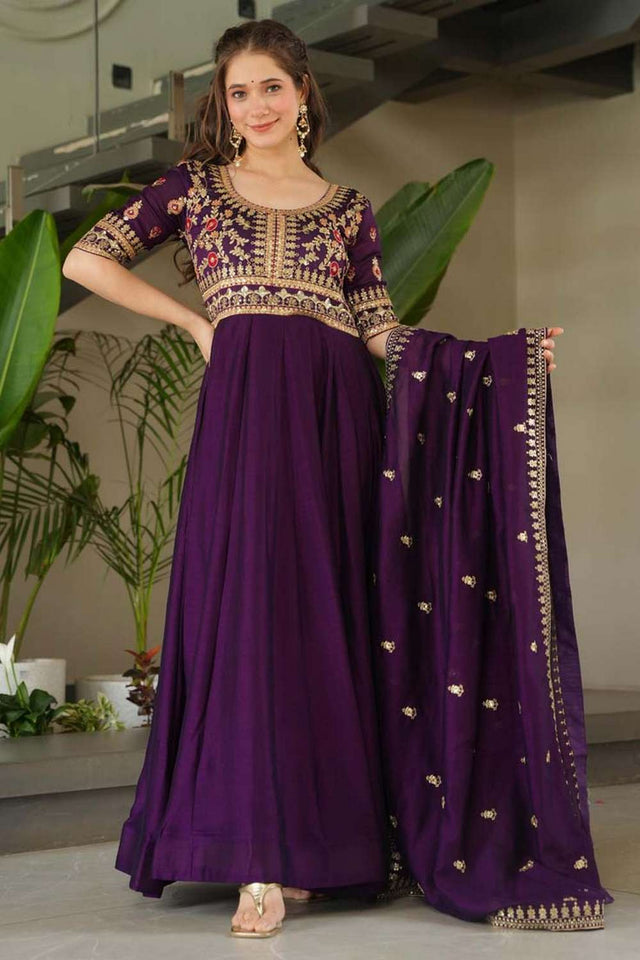 Violet Embroidered Silk Gown
