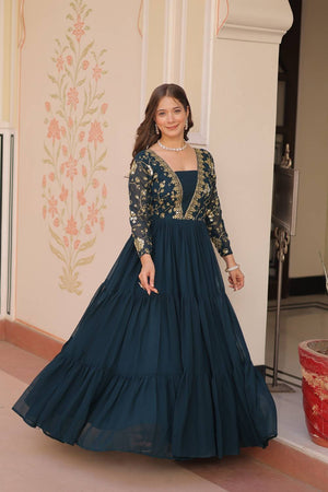 Turquoise Embroidered Georgette Gown