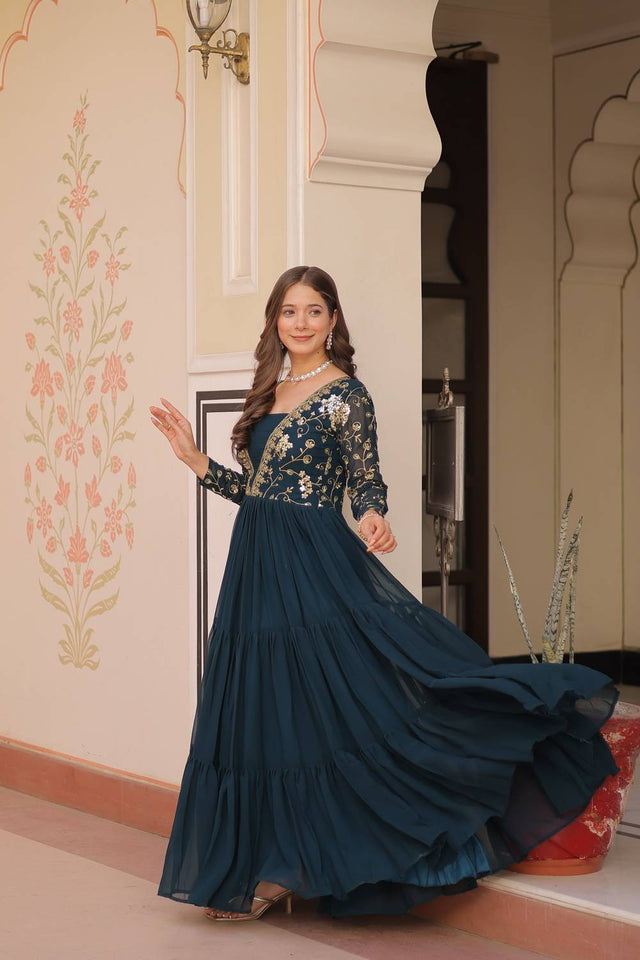 Turquoise Embroidered Georgette Gown