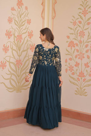 Turquoise Embroidered Georgette Gown