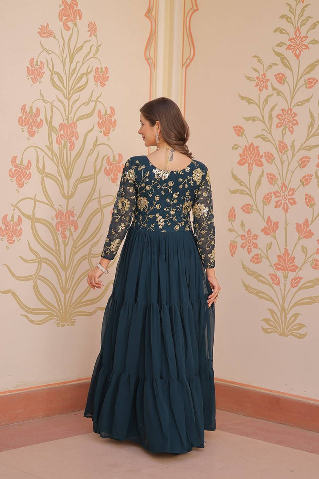 Turquoise Embroidered Georgette Gown