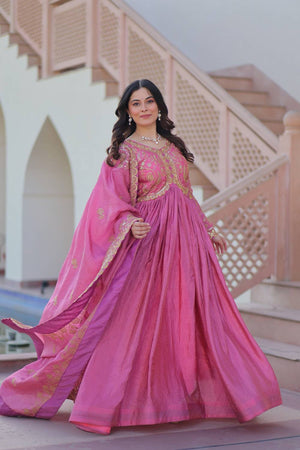 Pink Embroidered Silk Gown