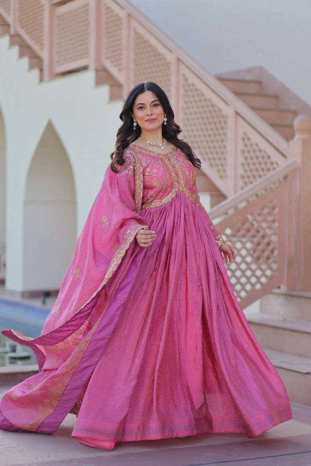 Pink Embroidered Silk Gown