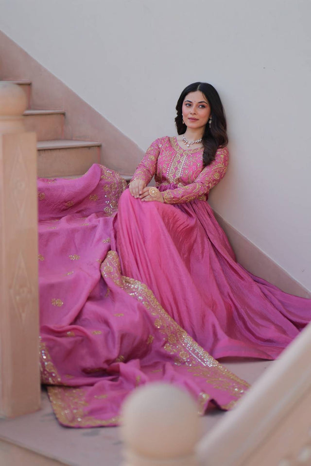 Pink Embroidered Silk Gown