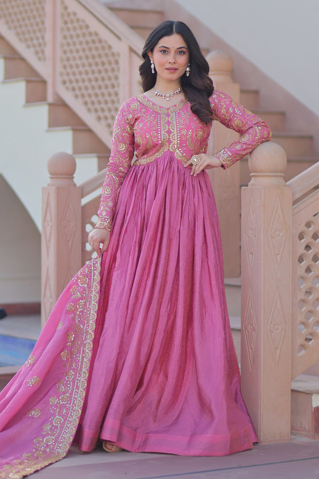 Pink Embroidered Silk Gown