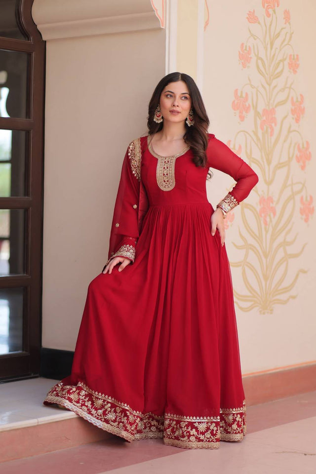 Maroon Embroidered Georgette Gown