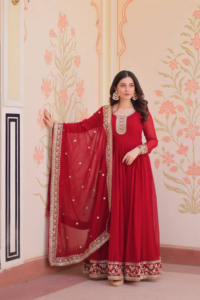 Maroon Embroidered Georgette Gown