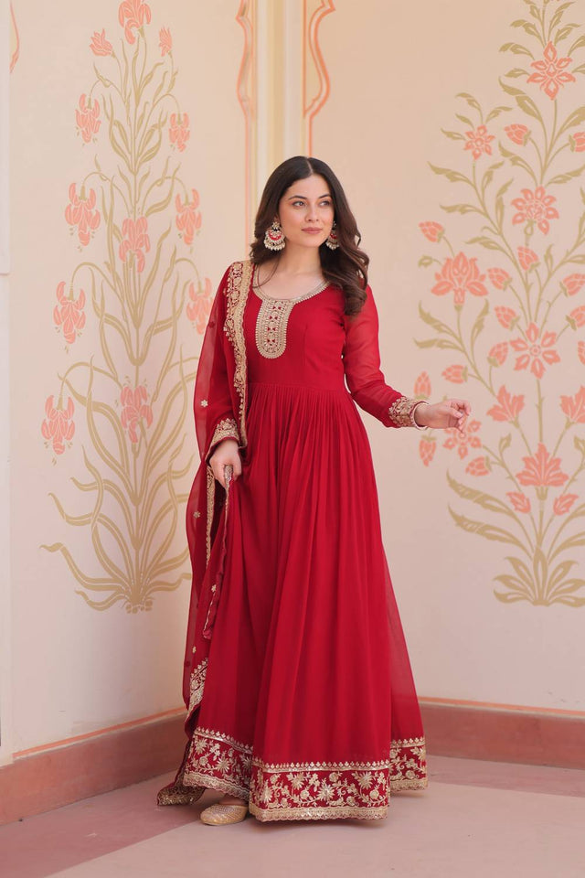 Maroon Embroidered Georgette Gown