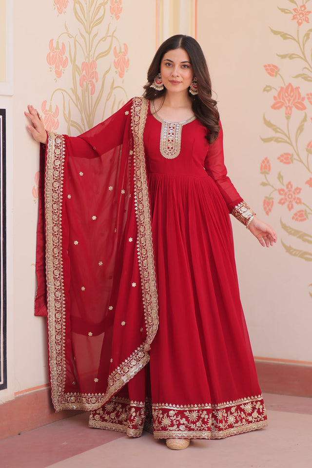 Maroon Embroidered Georgette Gown