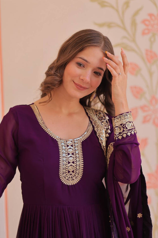 Violet Embroidered Georgette Gown