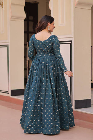 Turquoise Printed Silk Gown