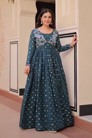 Turquoise Printed Silk Gown