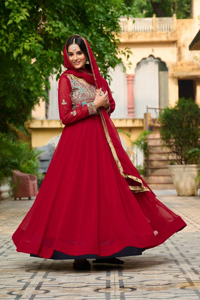 Maroon Embroidered Georgette Gown